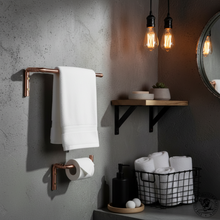 Load image into Gallery viewer, Bathroom setting with towel rack, toilet paper holder, and shelves.