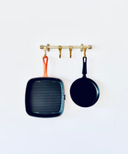 Load image into Gallery viewer, Brass Heavy Duty Kitchen Utensil Rail With Five Brass Hooks Holding Cast Iron Skillet And Frying Pan
